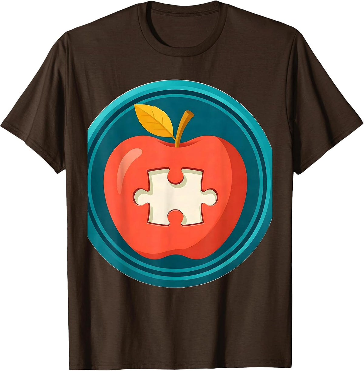 Sped Teacher Apple Puzzle Piece Illustration T-Shirt - Brown