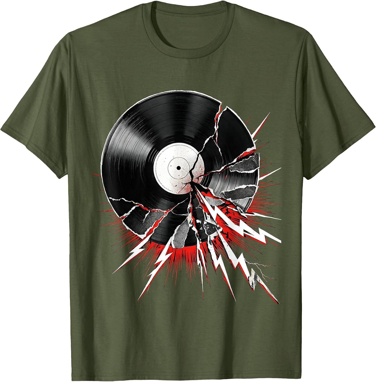 Vinyl Record Melting Into Lightning Bolts Art T-Shirt - Olive Green