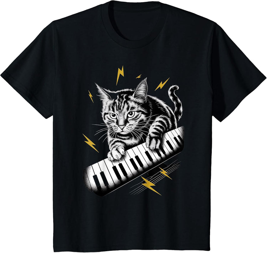 Musik Cat Playing Piano Instrument on Cat Pianist T-Shirt - Black