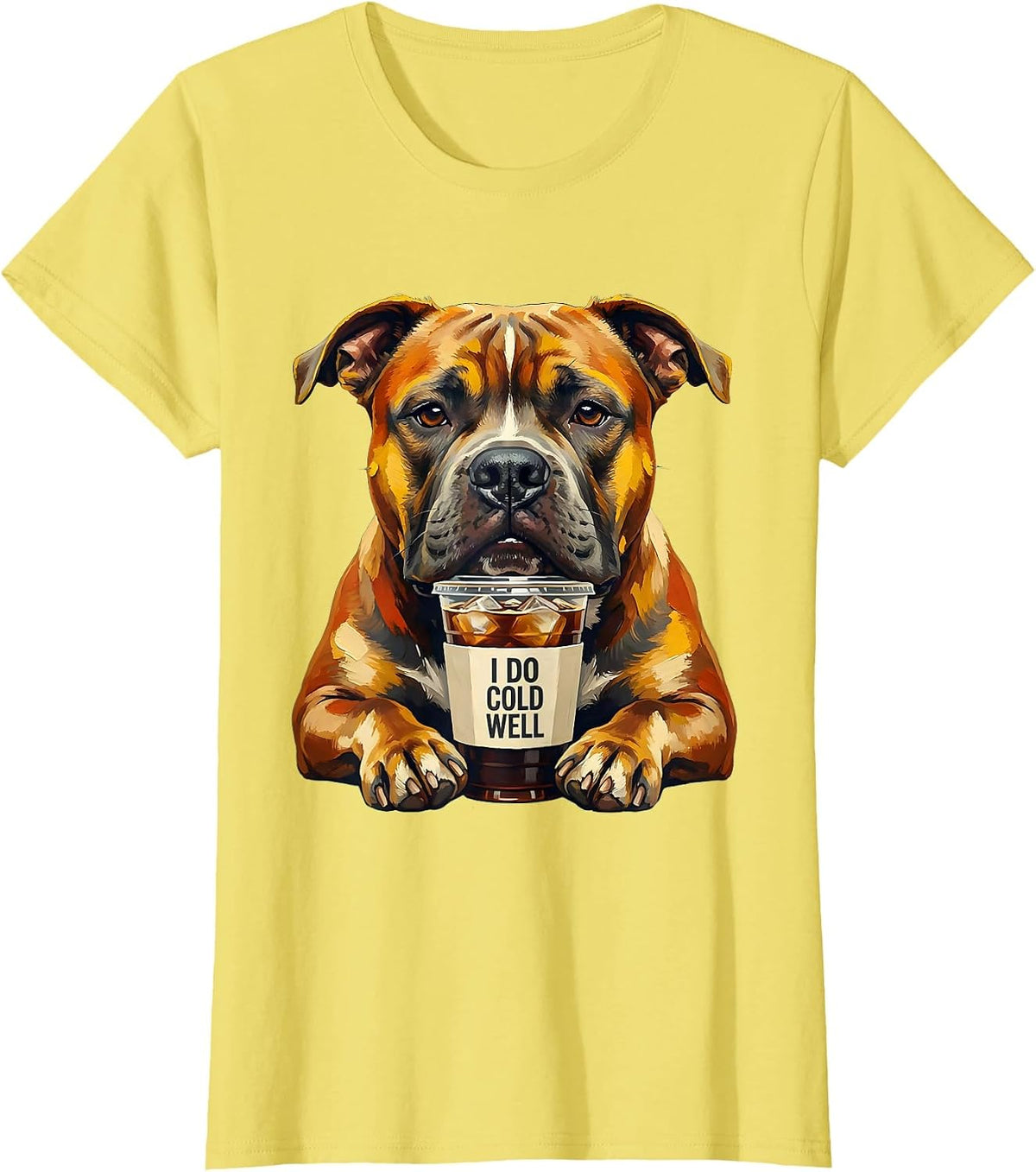 Women's I Do Cold Well Funny Pitbull Drinking Iced Coffee Humor T-Shirt - Lemon Yellow