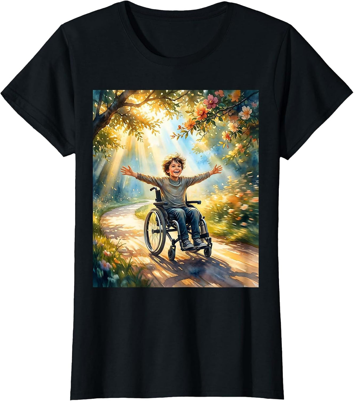 Special Education Wheelchair Racing Sunlit Path Design T-Shirt - Black