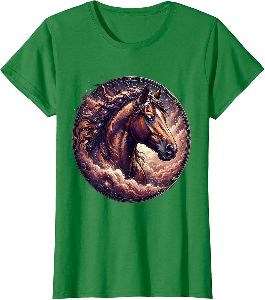Women's Horse Head Cosmic Galaxy Nebula Illustration T-Shirt - Kelly Green