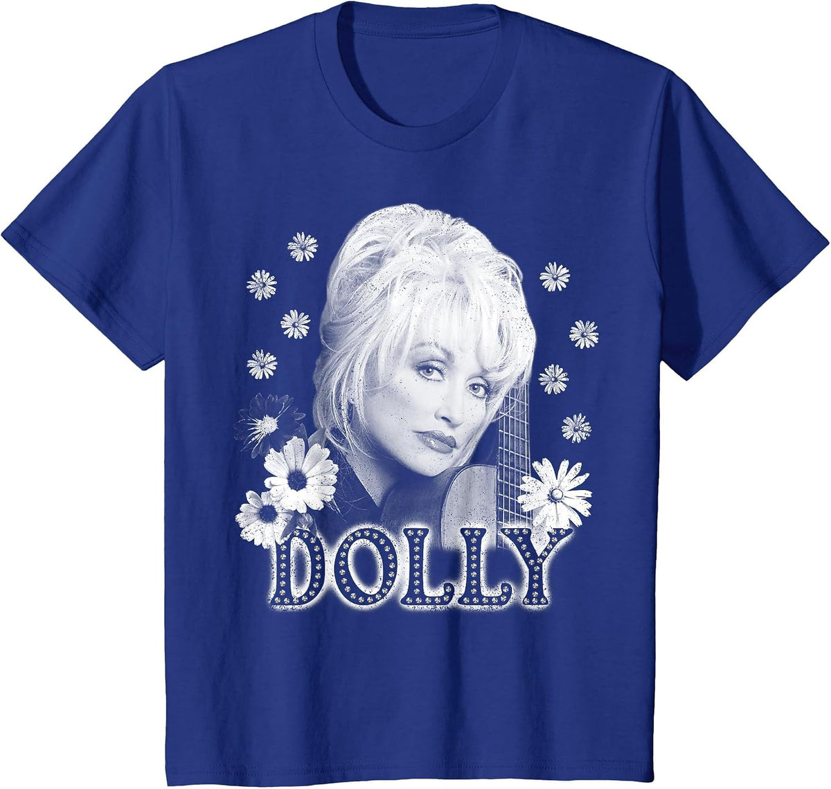 Dolly Parton Dolly Guitar & Flowers Black & White Portrait T-Shirt - Royal Blue