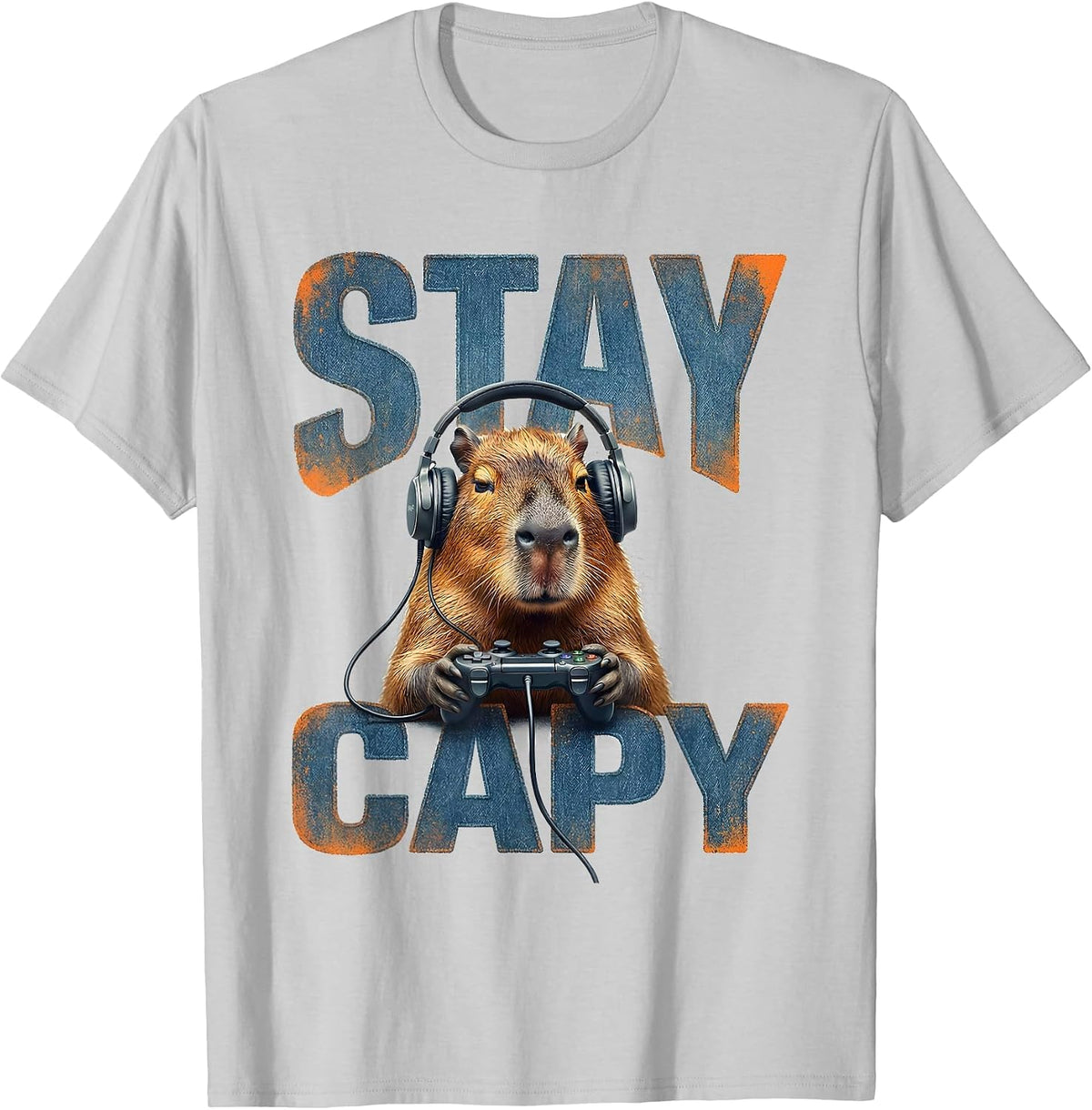 Men's Stay Capy Bold Grunge Capybara Gamer Meme Humor T-Shirt - Silver Grey