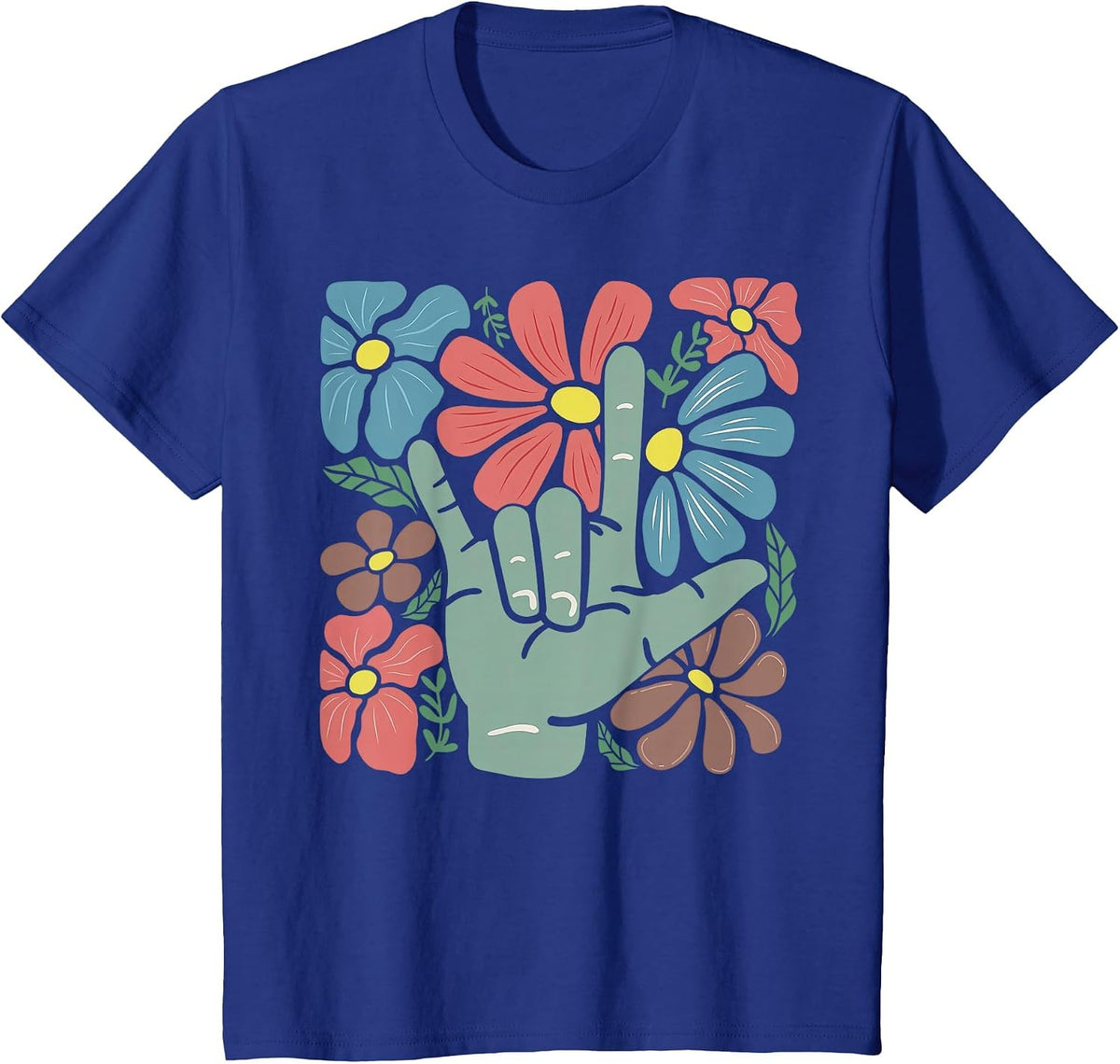 ASL I Love You Boho Floral Sign Language SLP Therapist T-Shirt - Royal Blue