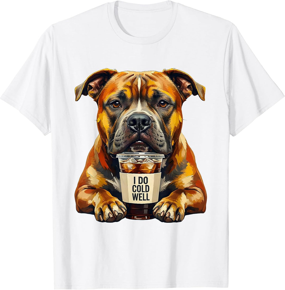 Men's I Do Cold Well Funny Pitbull Drinking Iced Coffee Humor T-Shirt - White