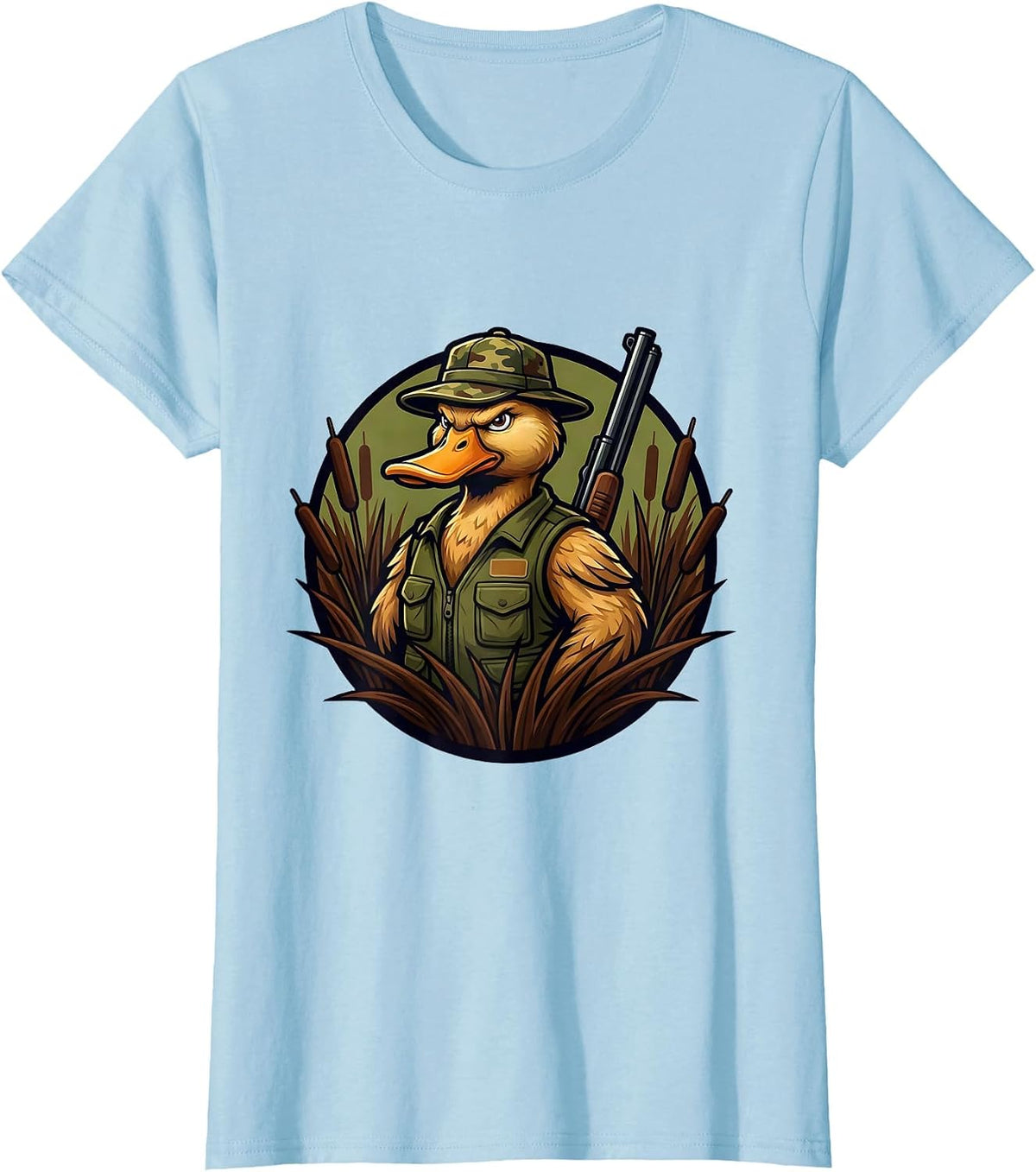 Duck Hunter Wading in Marsh Reeds Illustration T-Shirt - Baby Blue