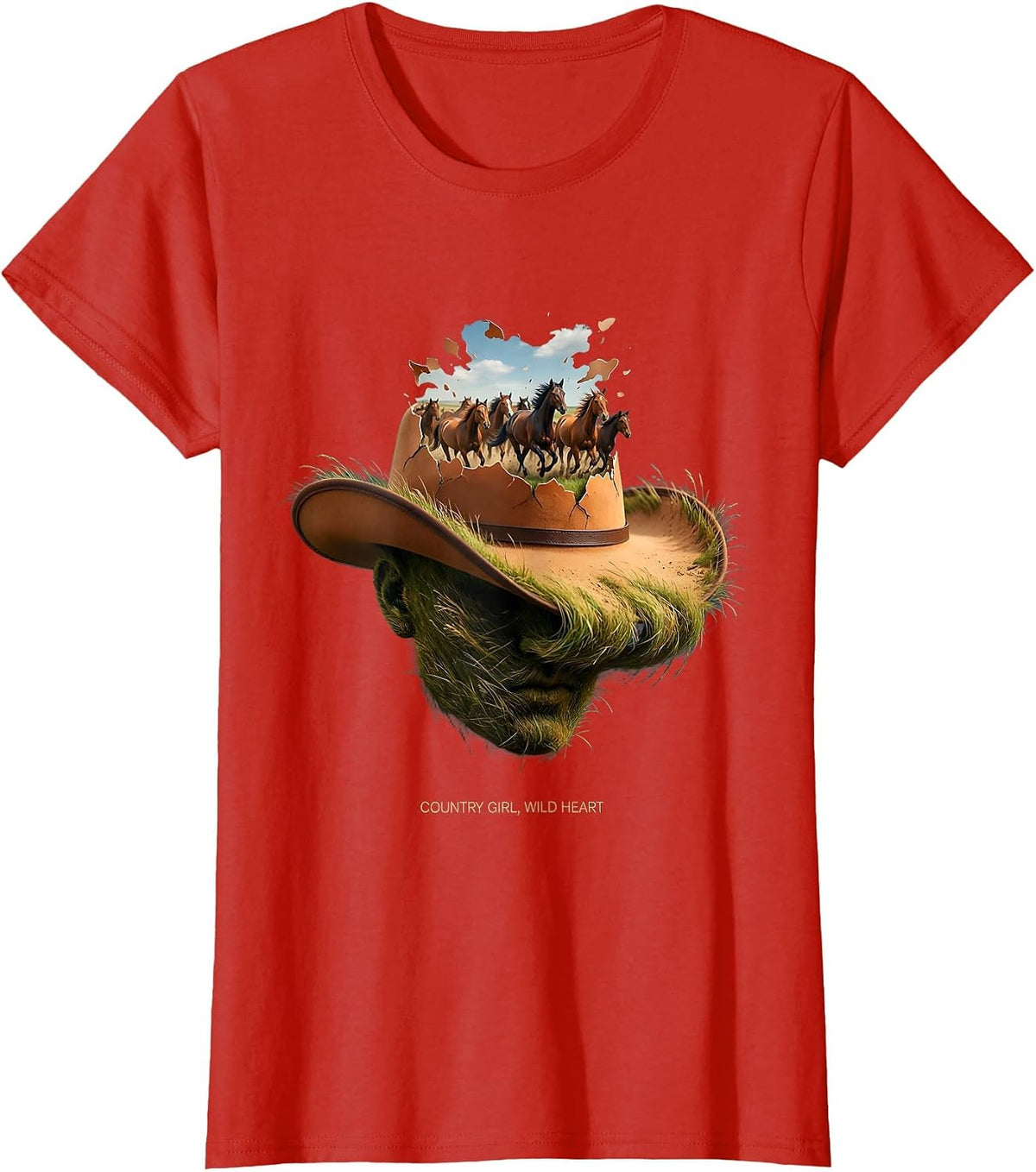Country Girl Wild Heart Cowgirl Design T-Shirt - Red