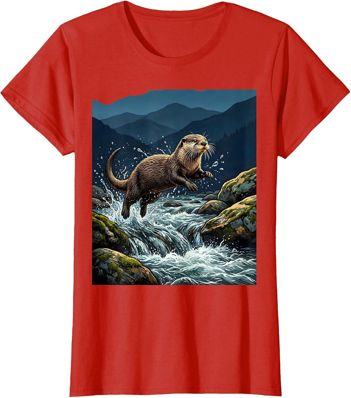 North Carolina River Otter Mountain Stream Design T-Shirt - Red