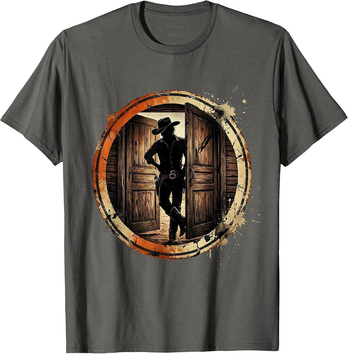Men's Cowgirl Saloon Door Leaning Western Illustration T-Shirt - Asphalt Grey