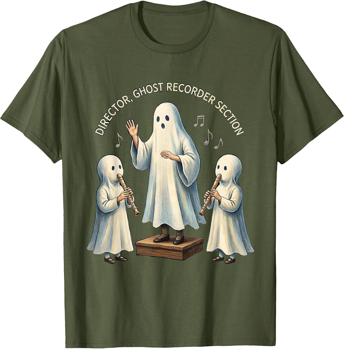 Men's Director, Ghost Recorder Section Whimsical Music Teacher T-Shirt - Olive Green