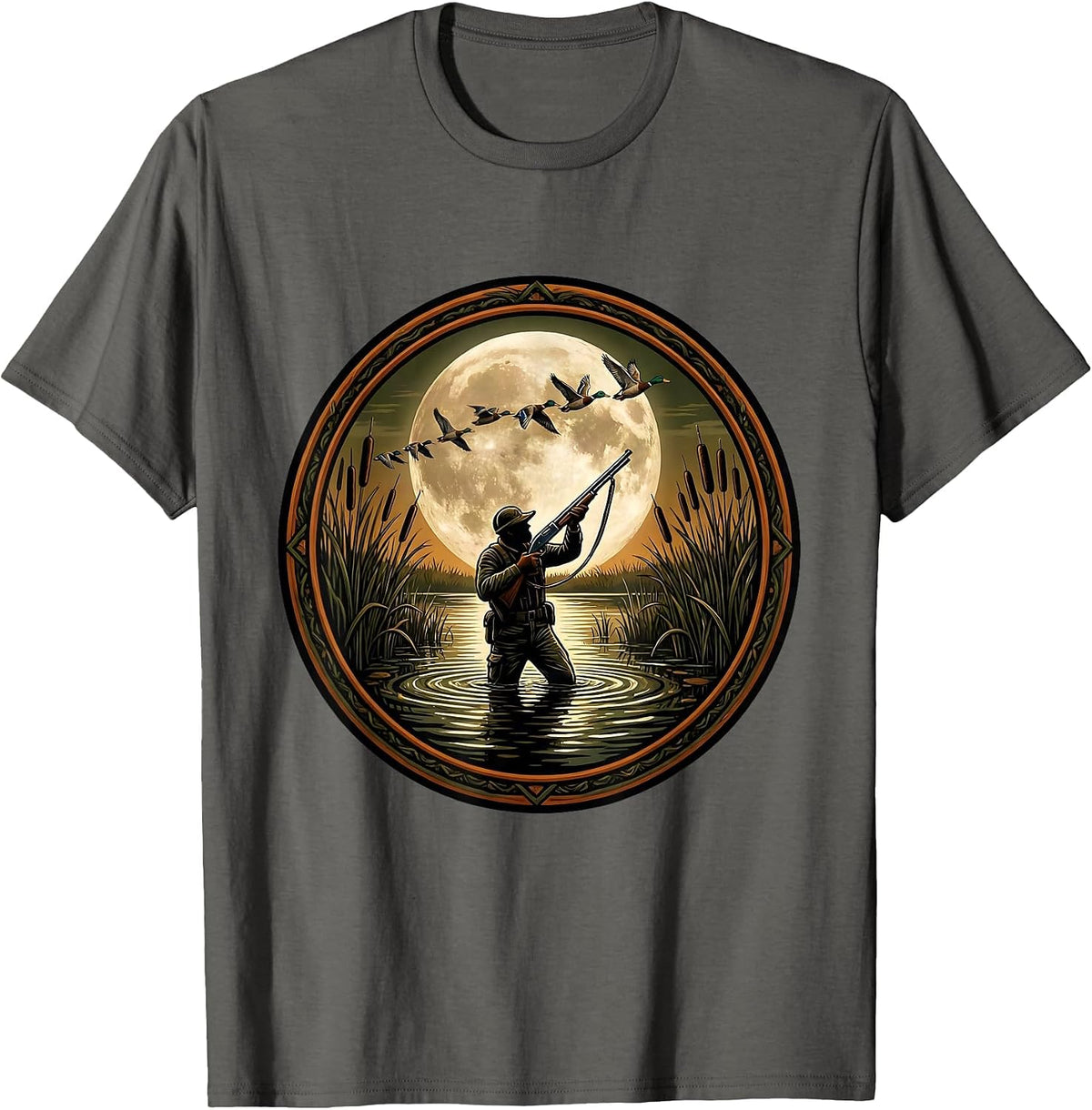 Duck Hunter Silhouette Marsh Reeds Hunting Design T-Shirt - Asphalt Grey