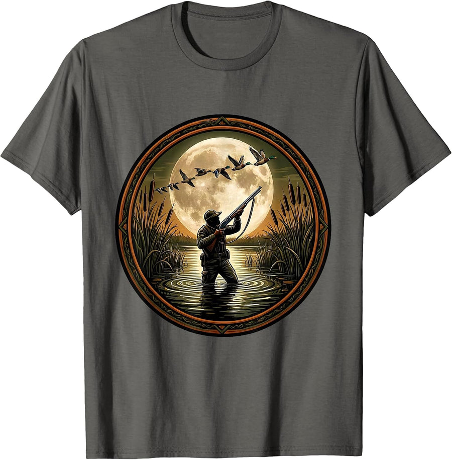Duck Hunter Silhouette Marsh Reeds Hunting Design T-Shirt - Asphalt Grey