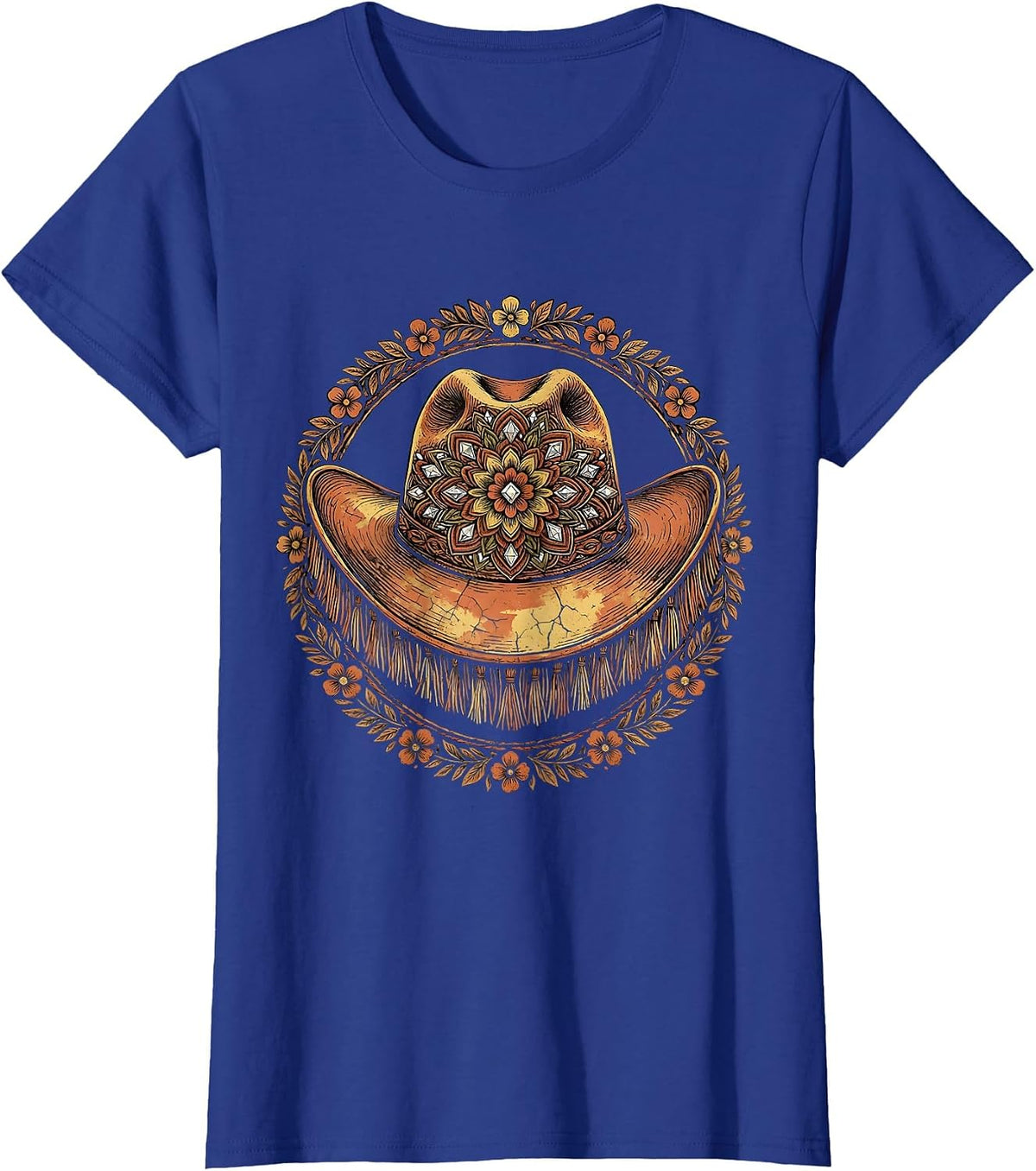 Women's Denim Cowgirl Rhinestone Fringe Jacket Graphic T-Shirt - Royal Blue