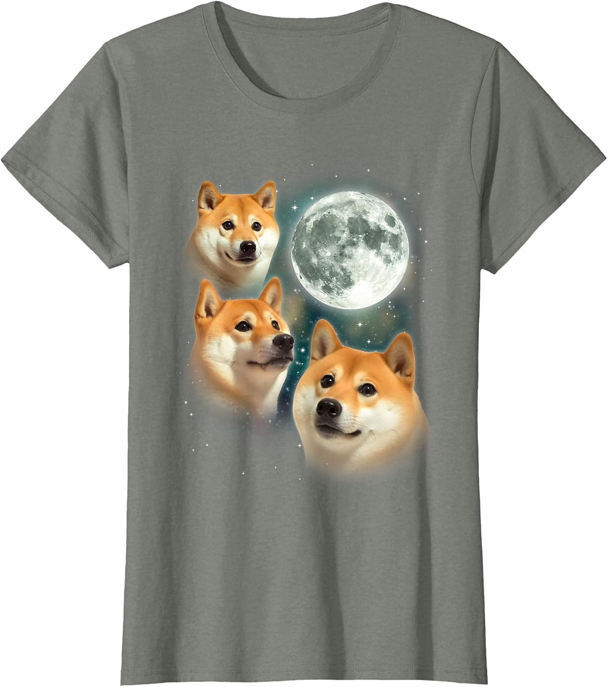 Three Shiba Inu Moon | 3 Doge Funny Cute Dog Meme Parody T-Shirt - Olive Heather