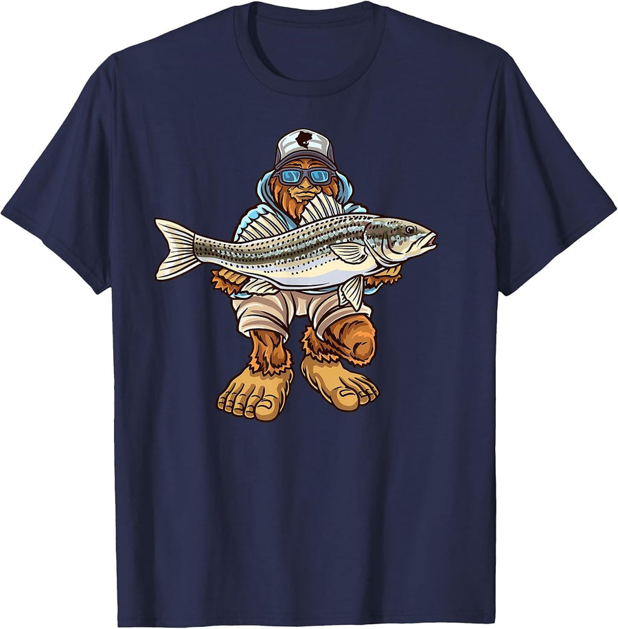 Striper Fishing Bigfoot Striped Bass Fishermen T-Shirt - Navy Blue