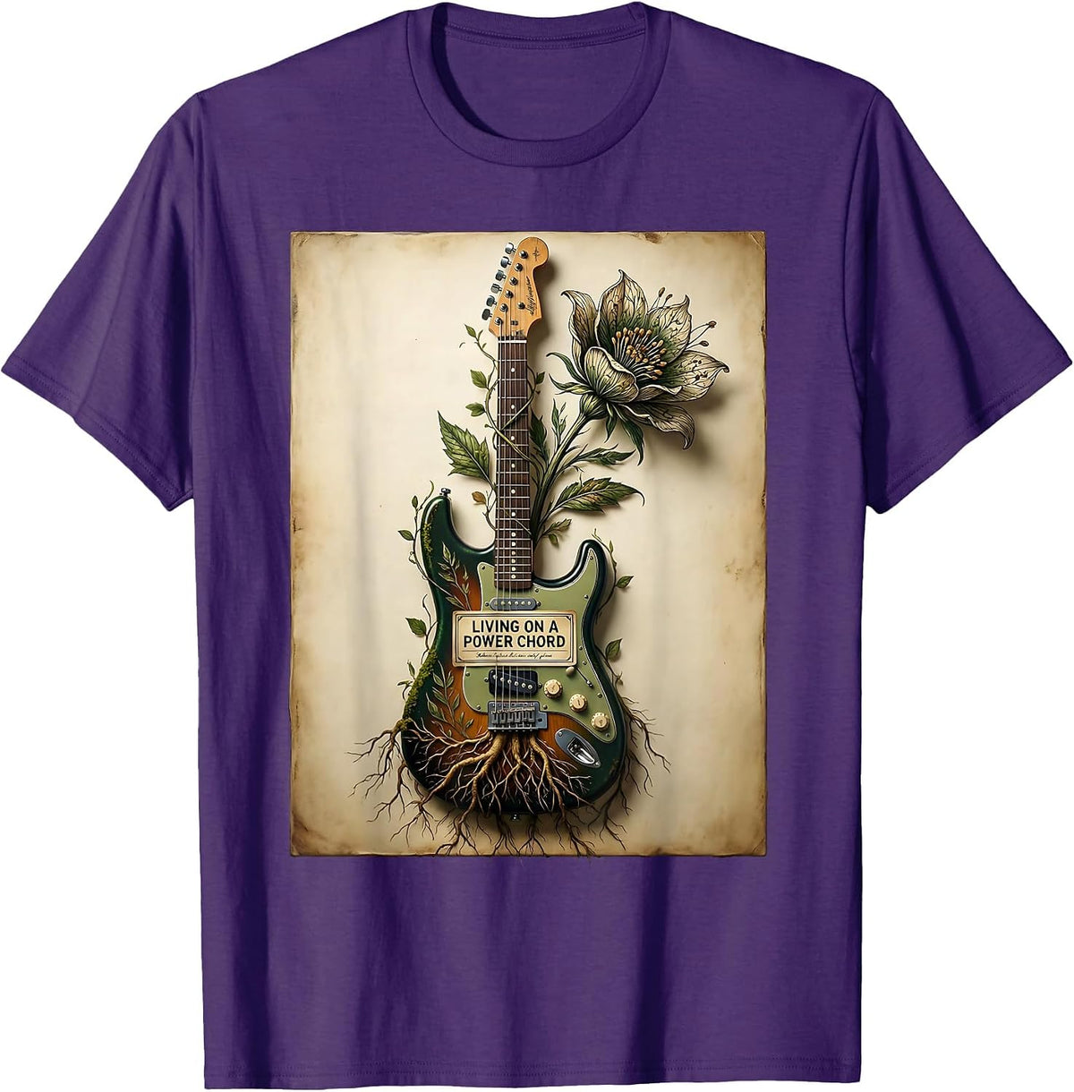 Living on a Power Chord 80s Rock Band Design T-Shirt - Purple
