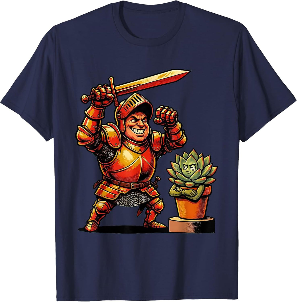 Men's Knight vs. Houseplant Sarcastic Humor Graphic T-Shirt - Navy Blue