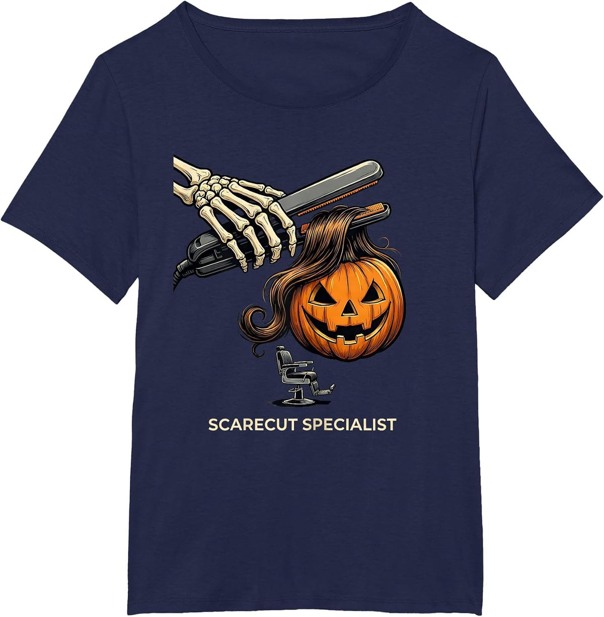 Women's Scarecut Specialist Funny Skeleton Hairstylist Halloween T-Shirt - Navy Blue