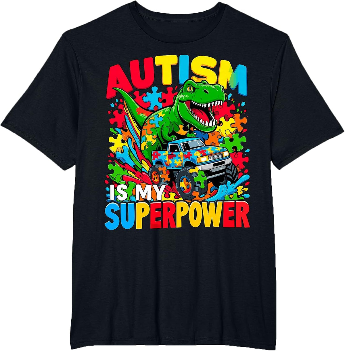 Autism is My Superpower Dino Boys Monster Truck T-Shirt - Black