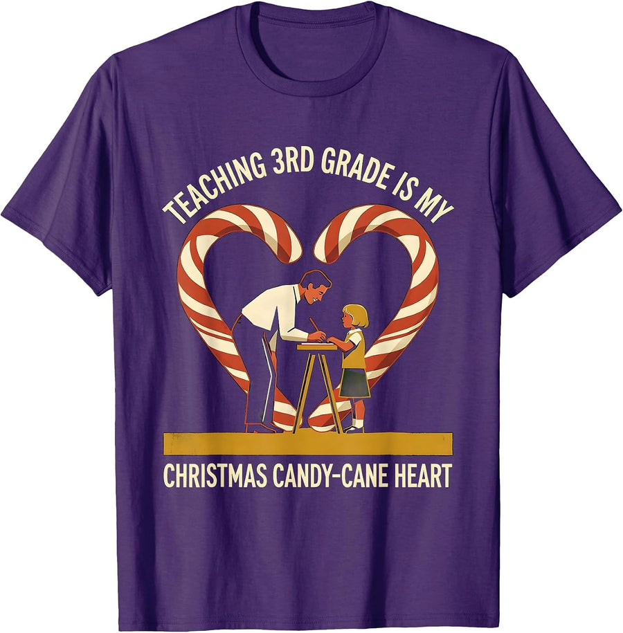 Men's Teaching 3rd Grade Is My Christmas Candy-Cane Heart Teacher T-Shirt - Purple