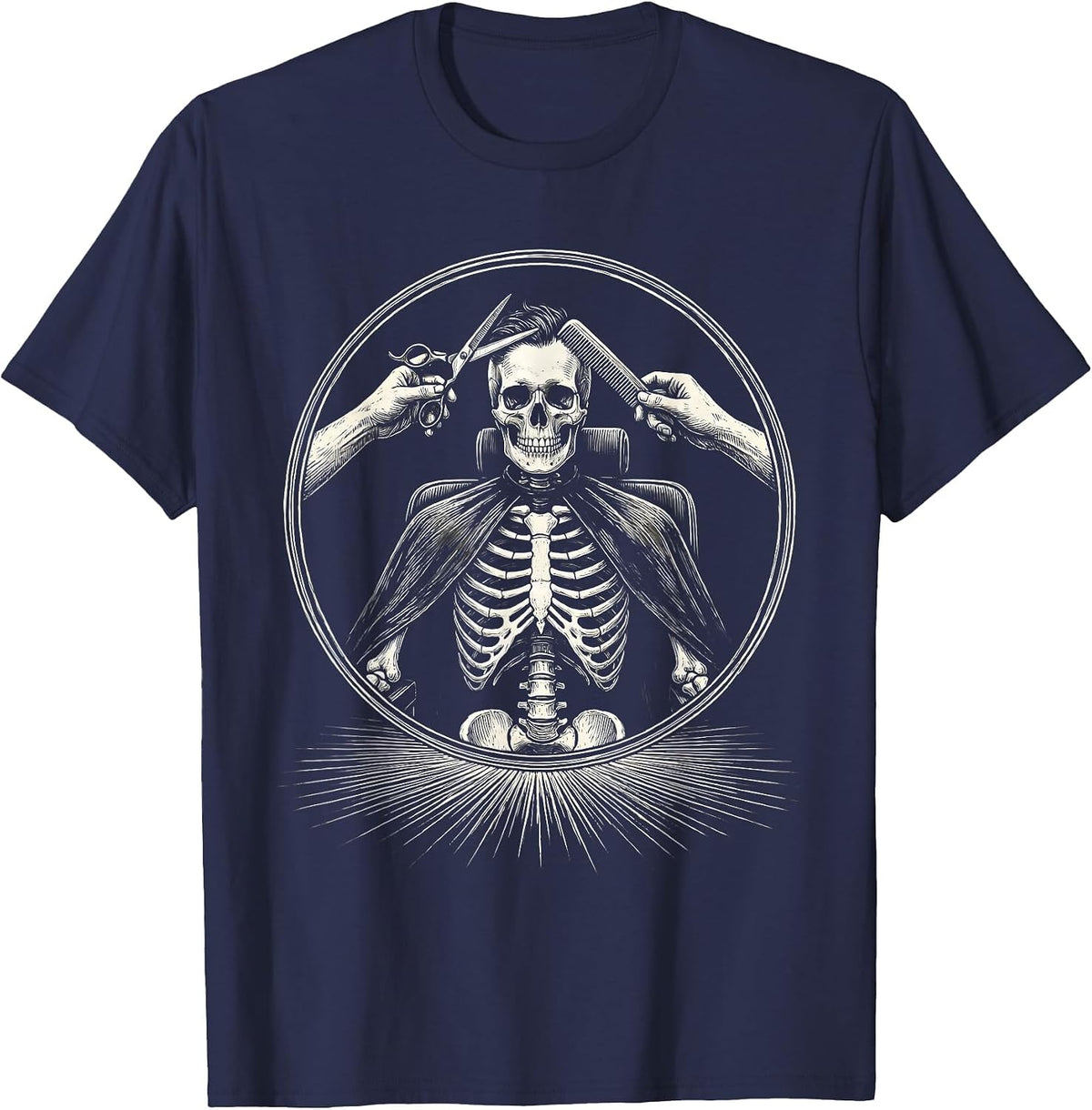 Skeleton Barber Chair Gothic Hairstylist Halloween Humor T-Shirt - Navy Blue