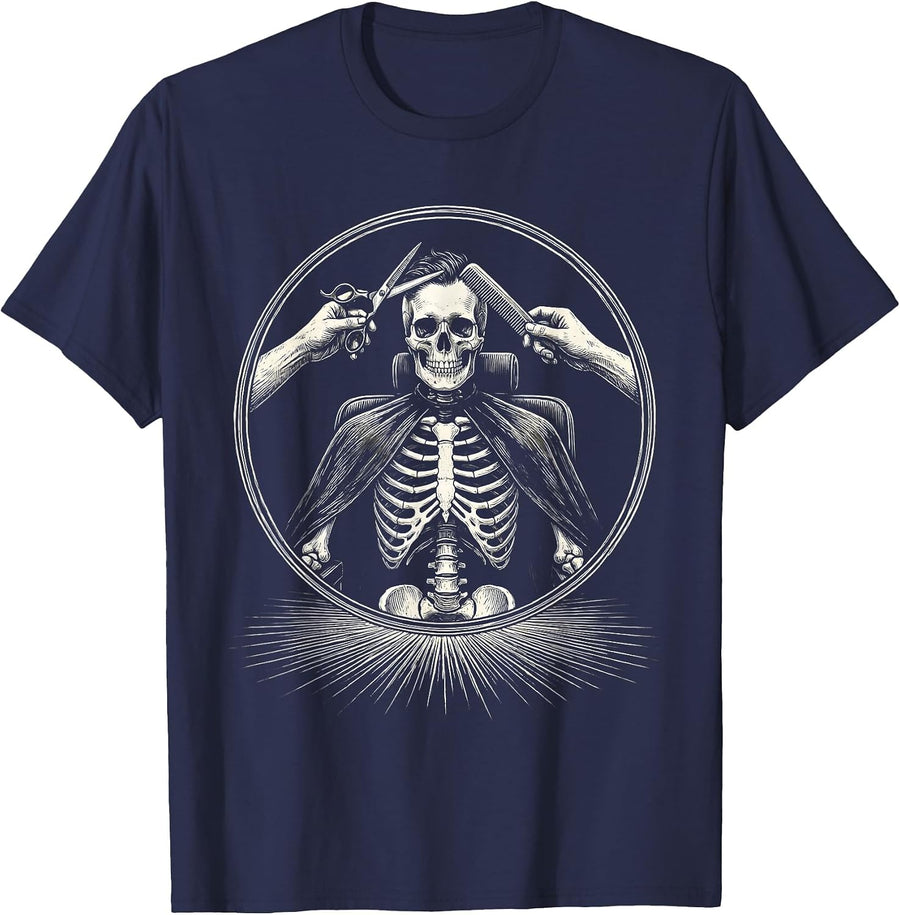Skeleton Barber Chair Gothic Hairstylist Halloween Humor T-Shirt - Navy Blue