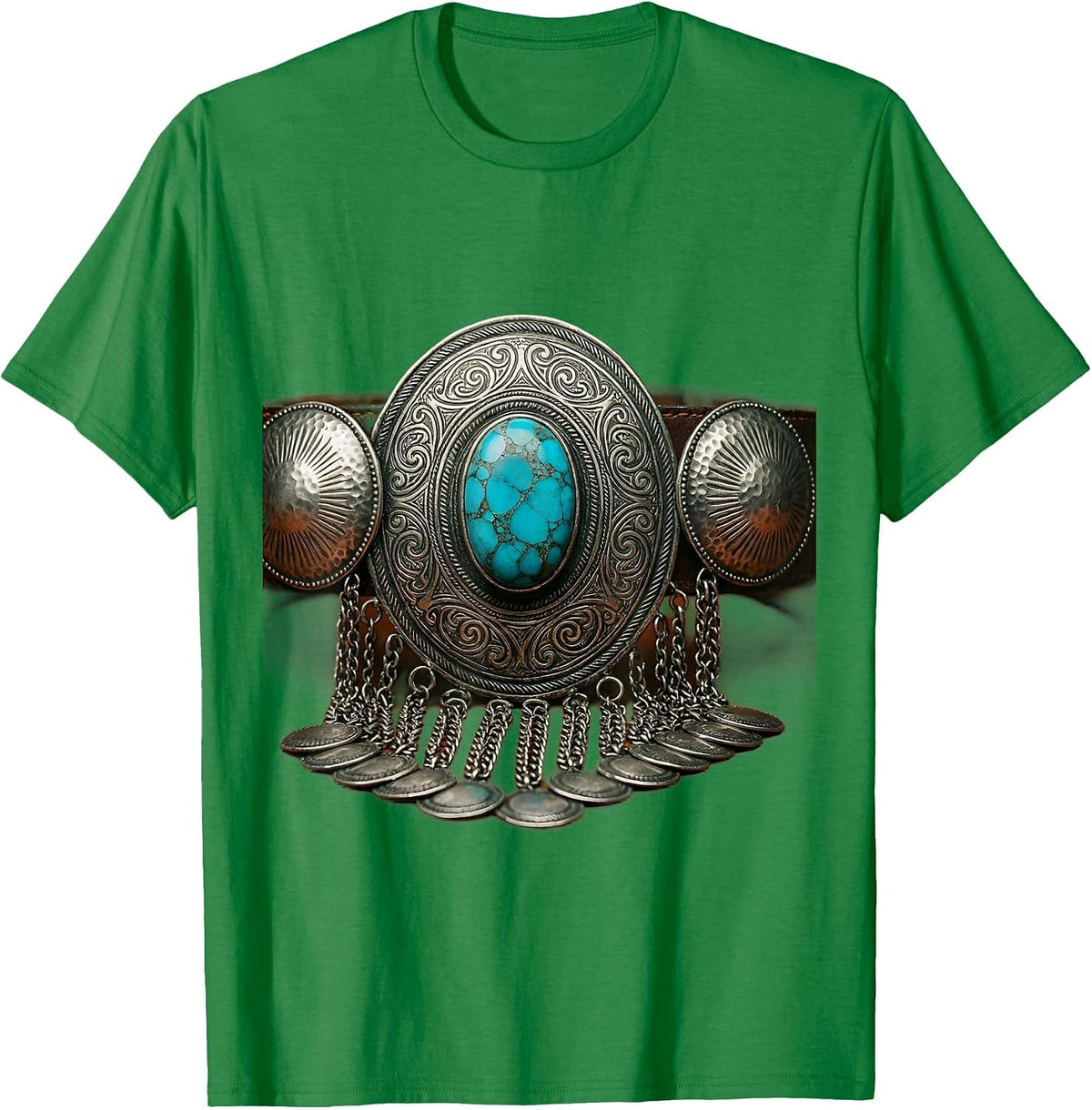 Men's Turquoise Silver Concho Belt Buckle Western Art T-Shirt - Kelly Green