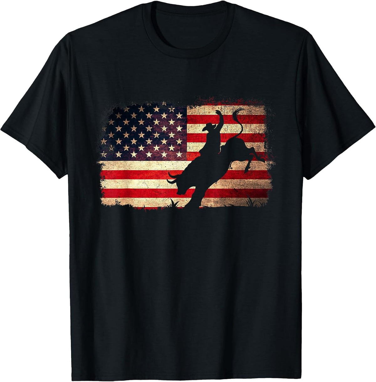 Rodeo Cowboy Bull Rider 4th of July Patriotic USA Flag T-Shirt - Black
