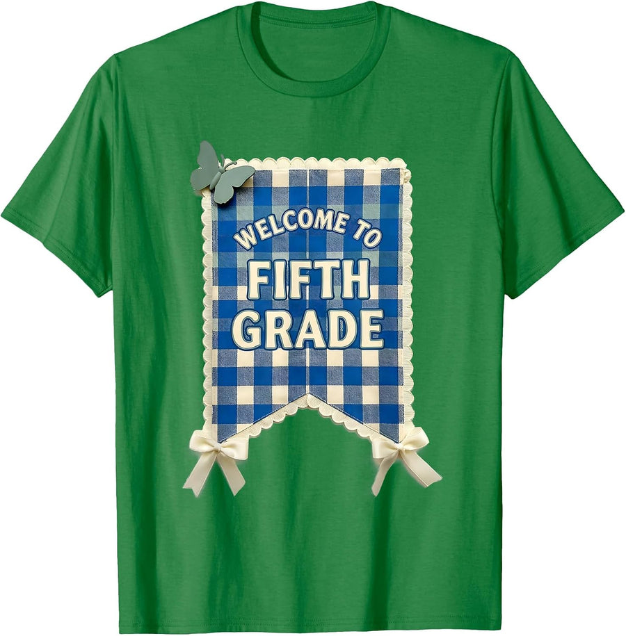 Men's Welcome to Fifth Grade Gingham Picnic Cute Back to School T-Shirt - Kelly Green