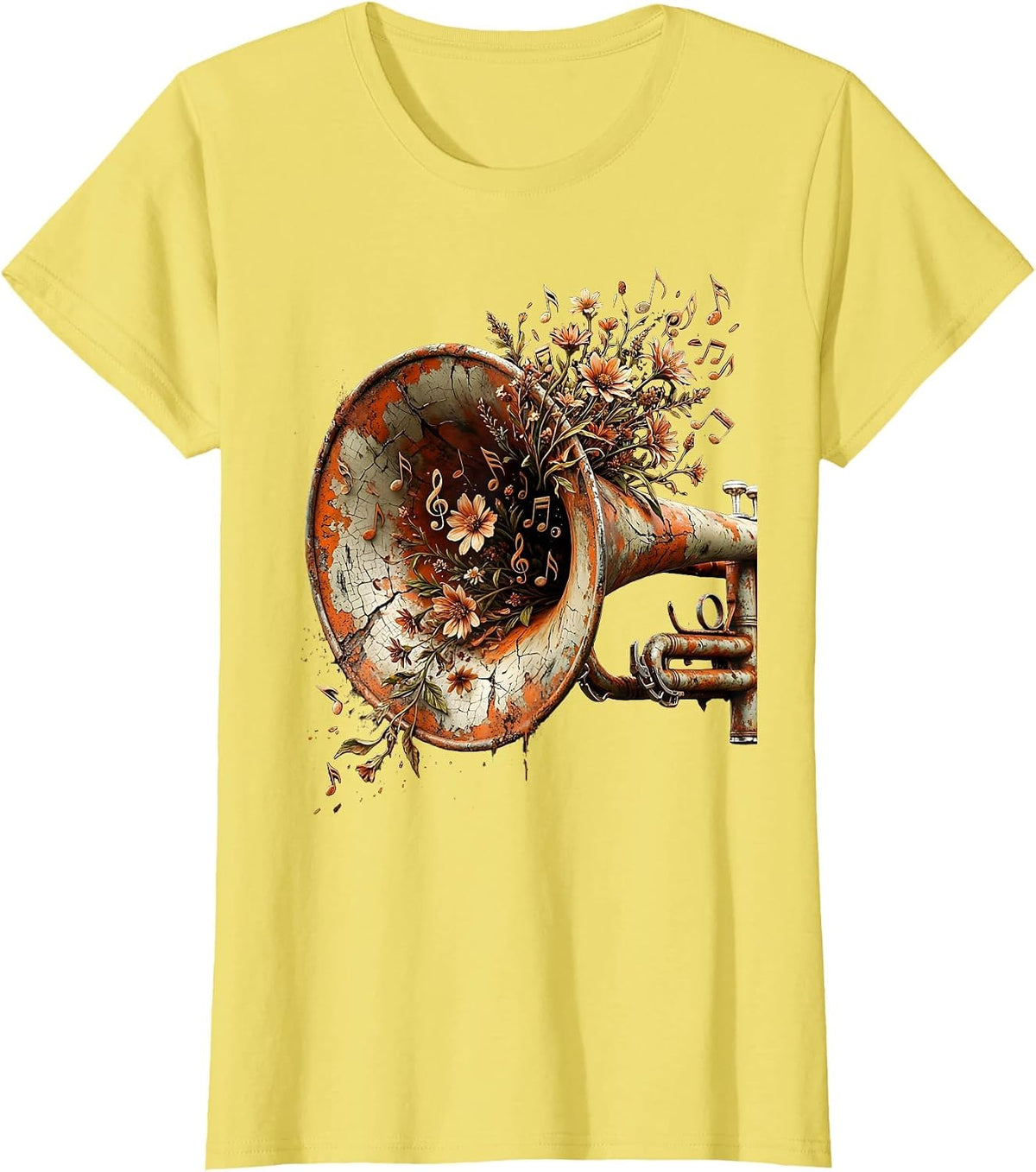 Trumpet Floral Notes Musical Bloom Design T-Shirt - Lemon Yellow
