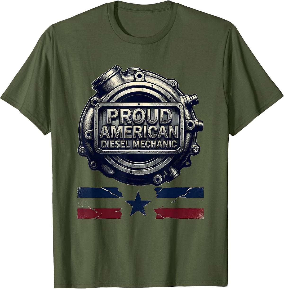 Proud American Diesel Mechanic Patriotic Blue Collar Worker T-Shirt - Olive Green