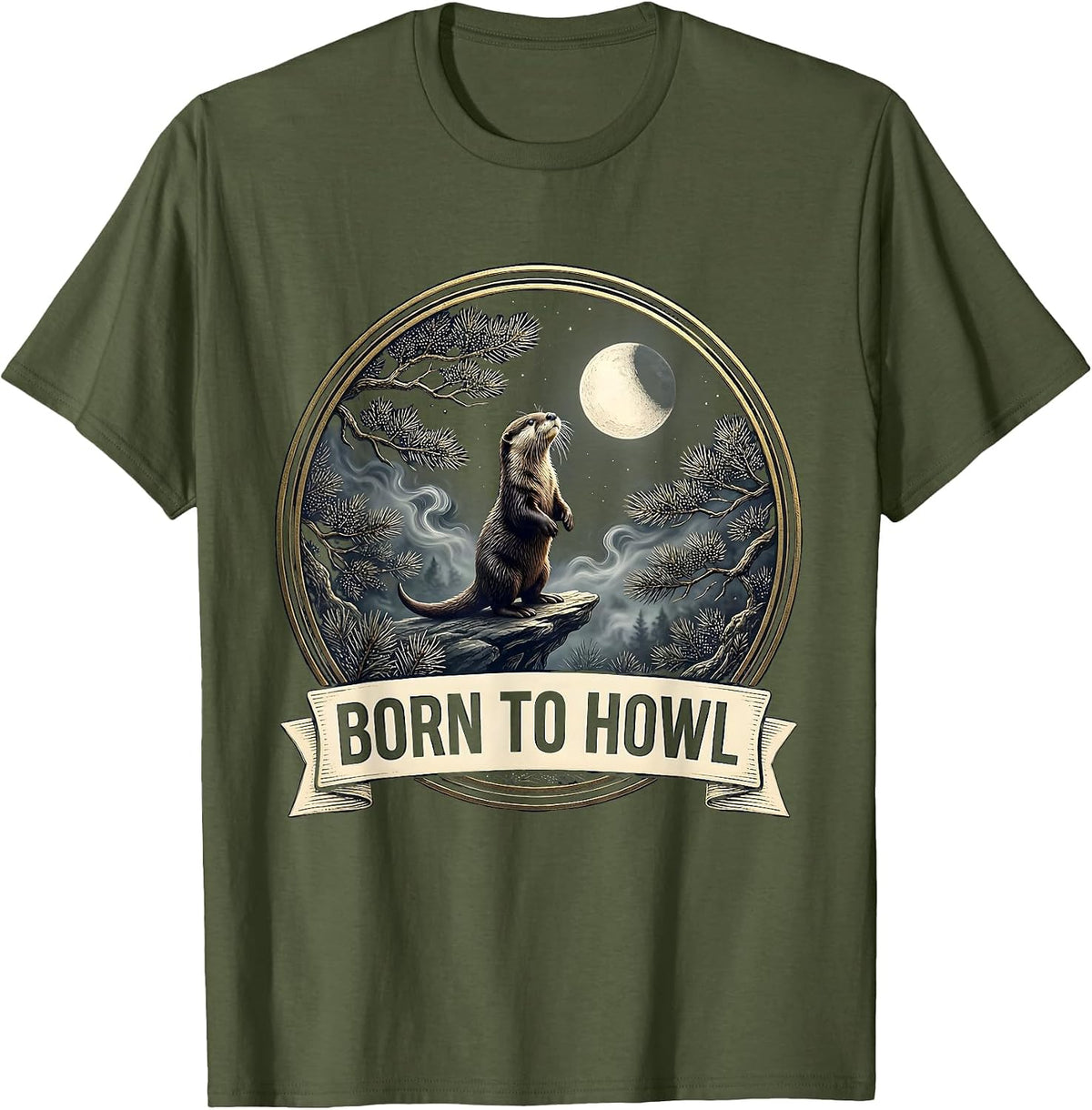Men's Born To Howl Retro Otter Meme 90s Animal Graphic T-Shirt - Olive Green