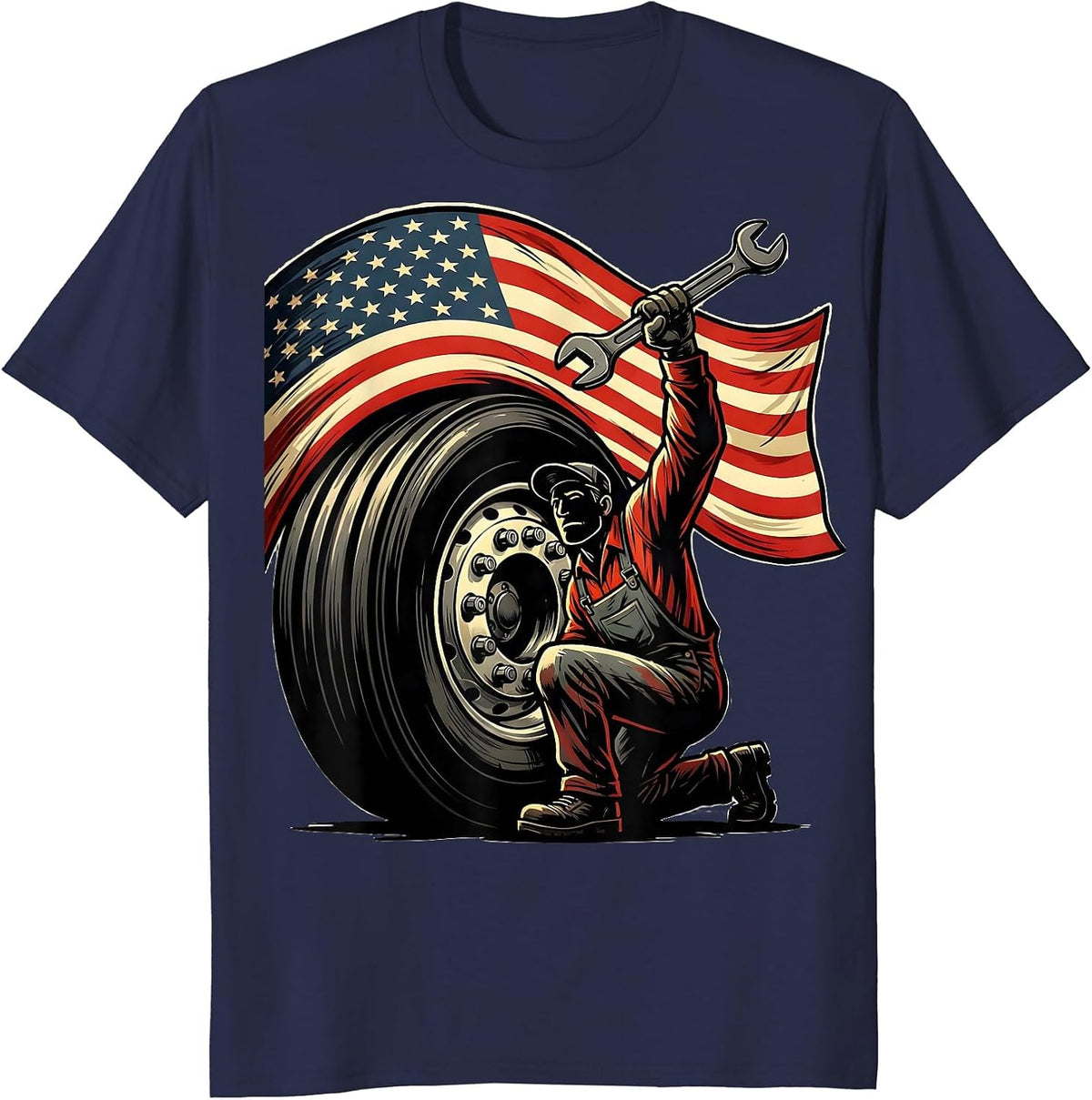 Diesel Mechanic American Flag Patriotic Trucker Gift T-Shirt - Navy Blue