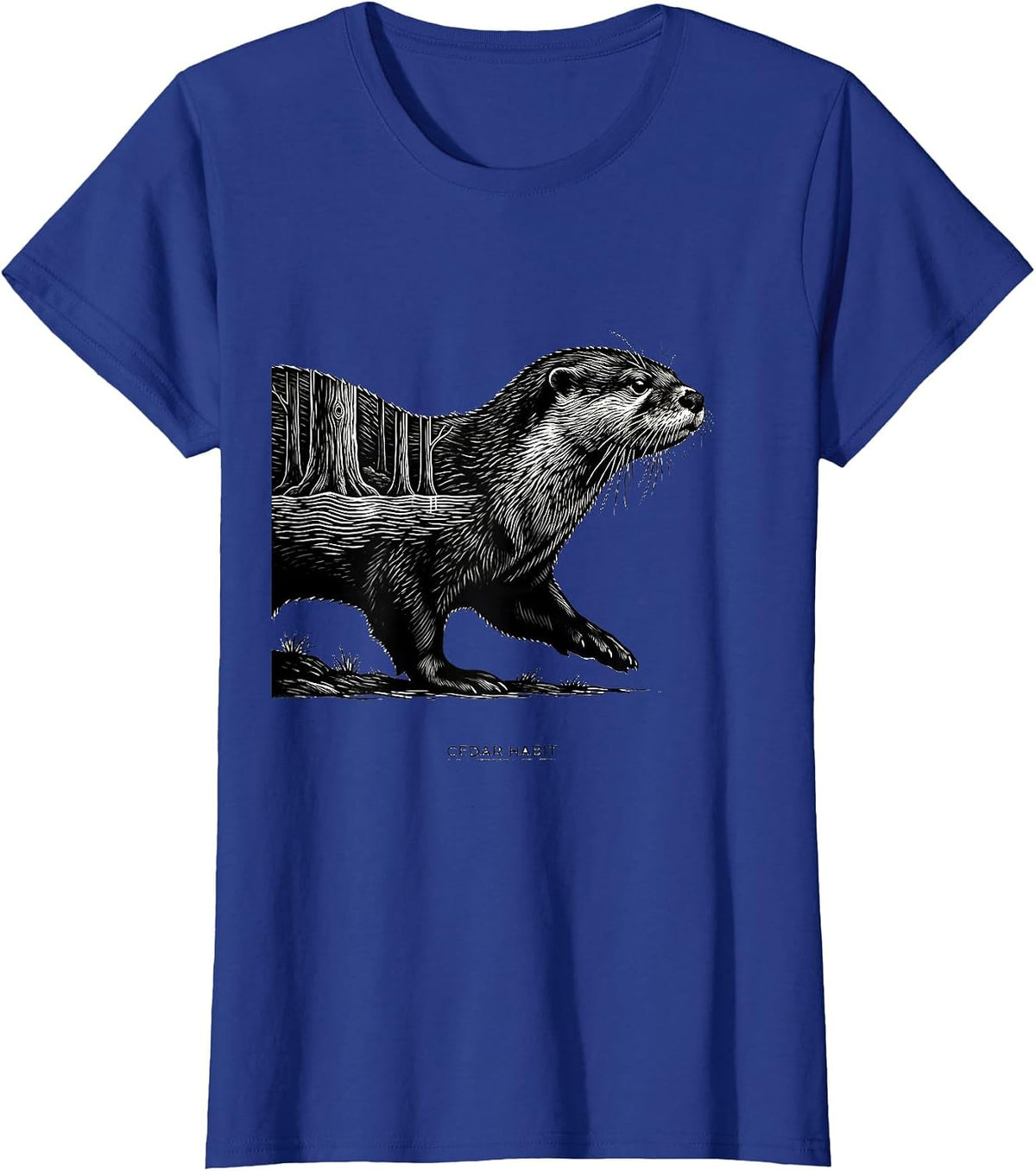 Women's Cedar Habit Scratchboard River Otter Forest Wildlife Nature T-Shirt - Royal Blue