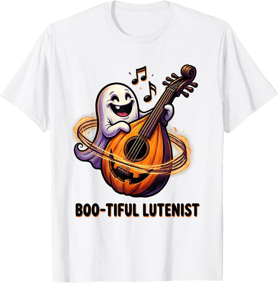 Men's Boo-tiful Lutenist Cartoon Ghost Music Teacher Halloween T-Shirt - White