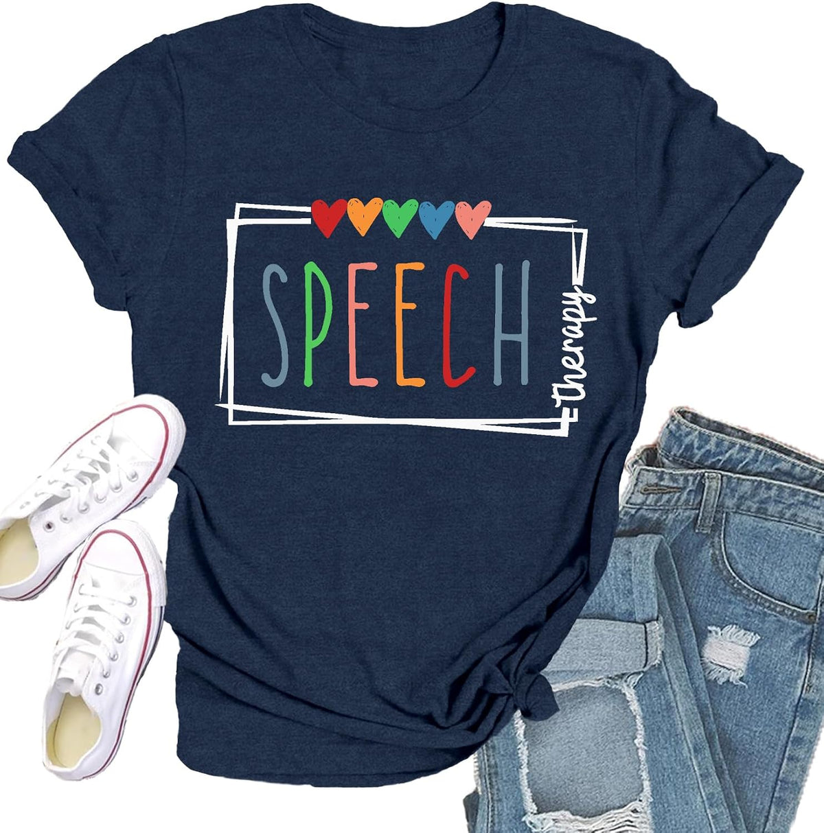 Speech Therapy Shirt for Women Speech Language Pathologist T-Shirts Cute Hearts Tee Tops - Blue1