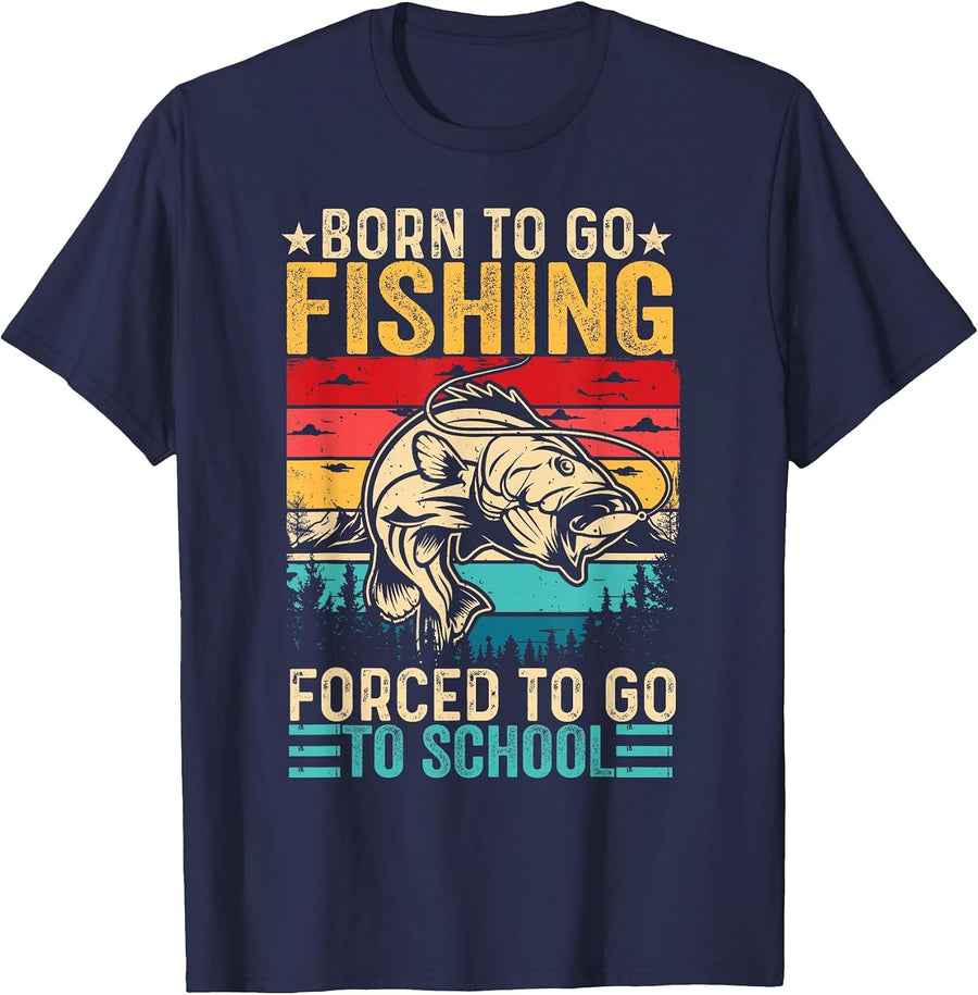 Born to Go Fishing Forced School Funny Men Women Kids Boys T-Shirt - Navy Blue