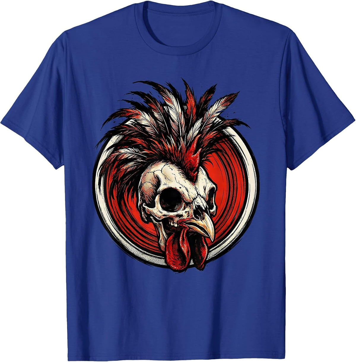 Rooster Skull Feathered Mohawk Dark Art Design T-Shirt - Royal Blue
