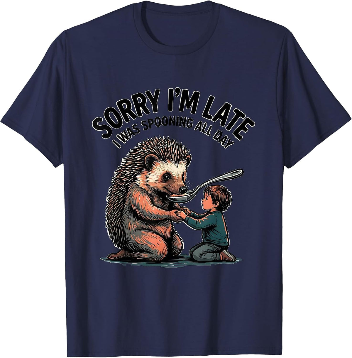 Men's Sorry I'm Late, I Was Spooning All Day Retro Occupational T-Shirt - Navy Blue