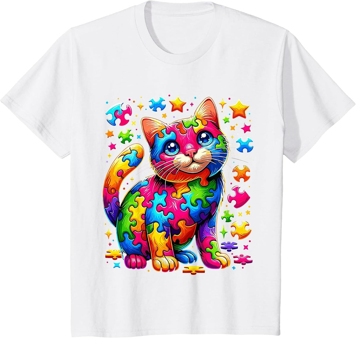 Autism Awareness Cat Puzzle T-Shirt - White