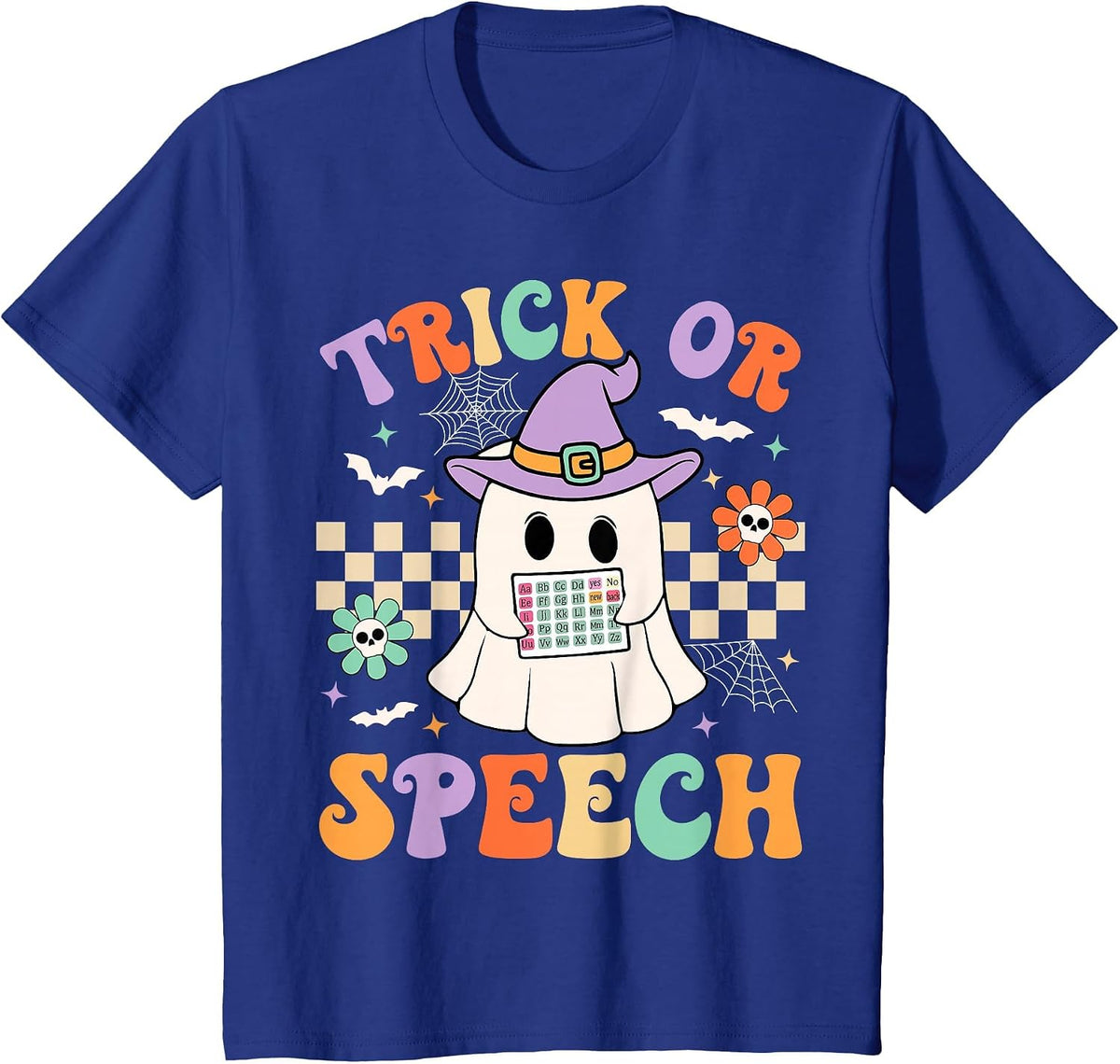 Trick or Speech Retro SLP Halloween Speech Therapy Halloween T-Shirt - Royal Blue