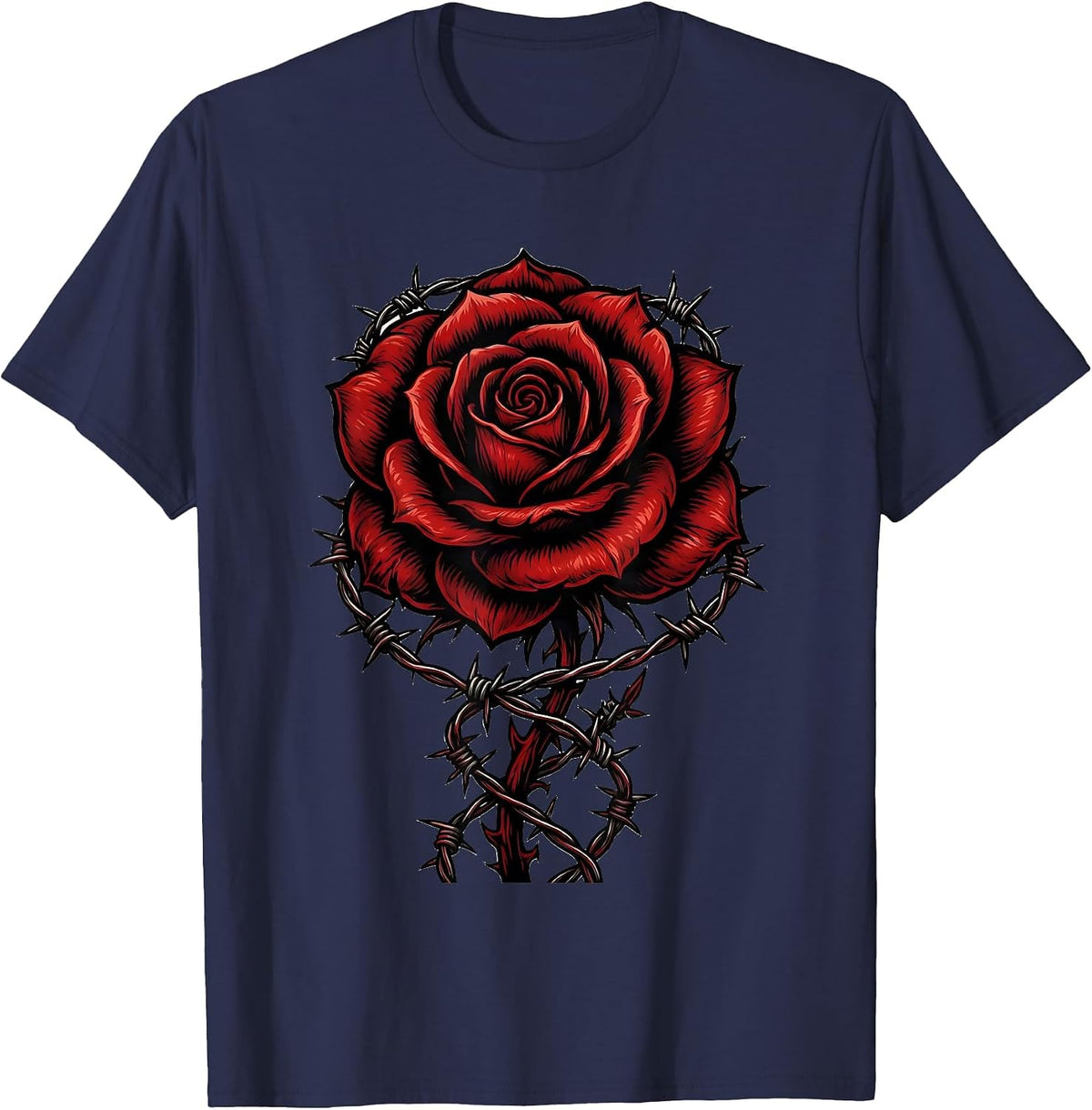 Rose and Barbed Wire 80s Rock Graphic Design T-Shirt - Navy Blue