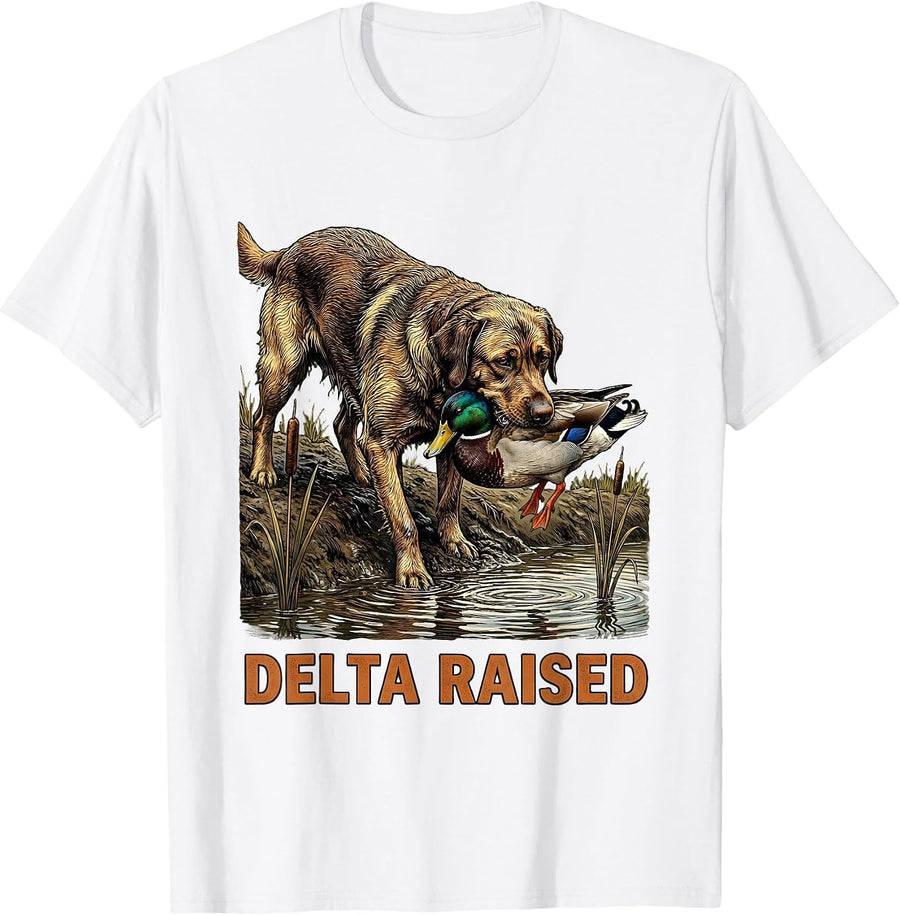 Men's Delta Raised Hunting Dog Waterfowl Youth Boys Outdoor T-Shirt - White