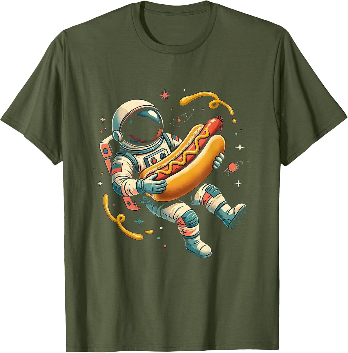 Astronaut Hot Dog Zero Gravity Space Illustration T-Shirt - Olive Green