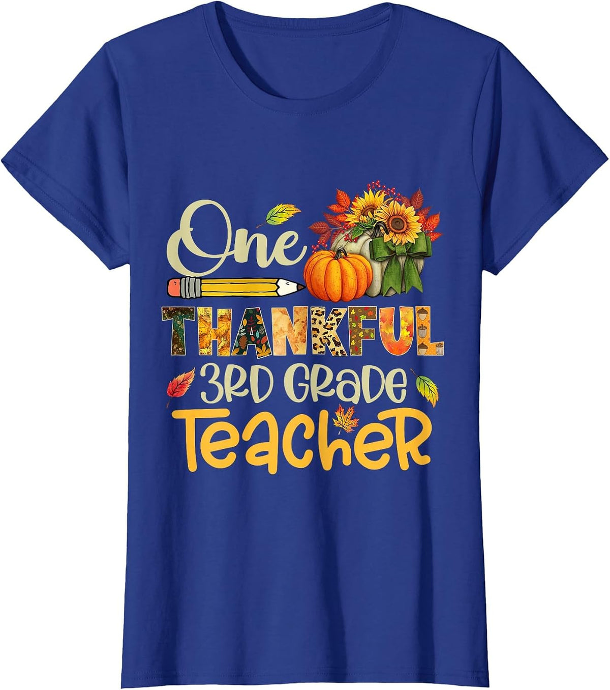 One Thankful 3rd Grade Teacher Pumpkin Fall Thanksgiving T-Shirt - Royal Blue