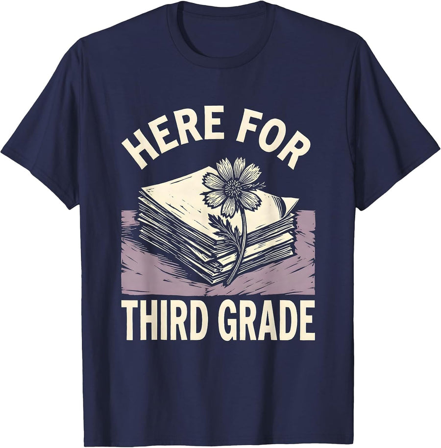 Here For Third Grade Linocut Wildflower Teacher Gift Back To T-Shirt - Navy Blue