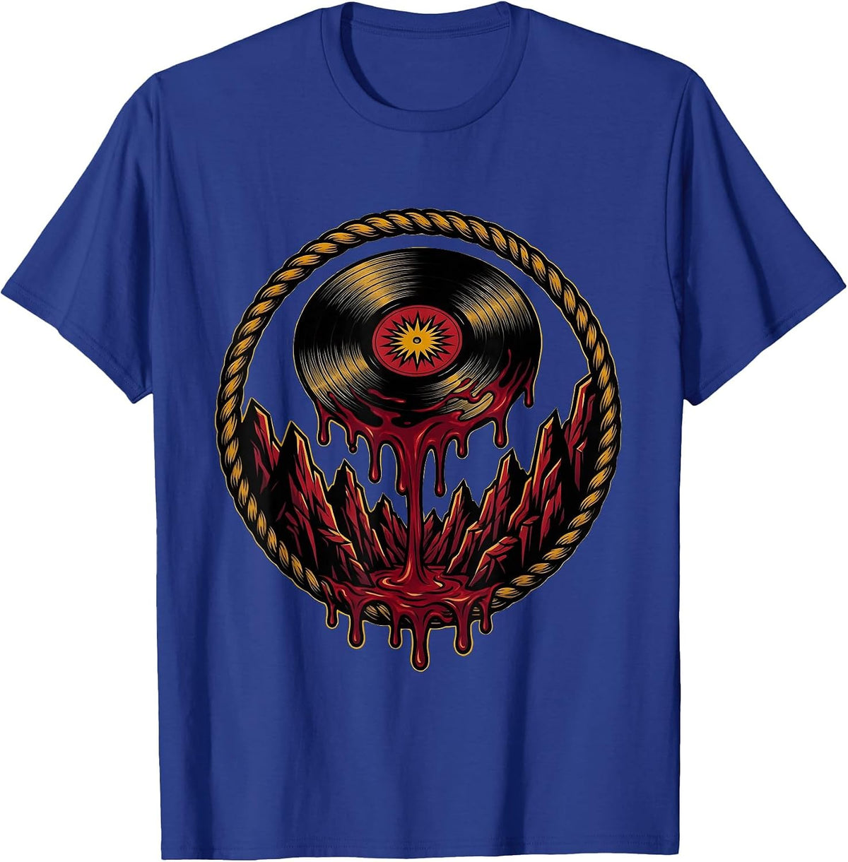 Melting Vinyl Record Over Jagged Cliffs Rock Art T-Shirt - Royal Blue