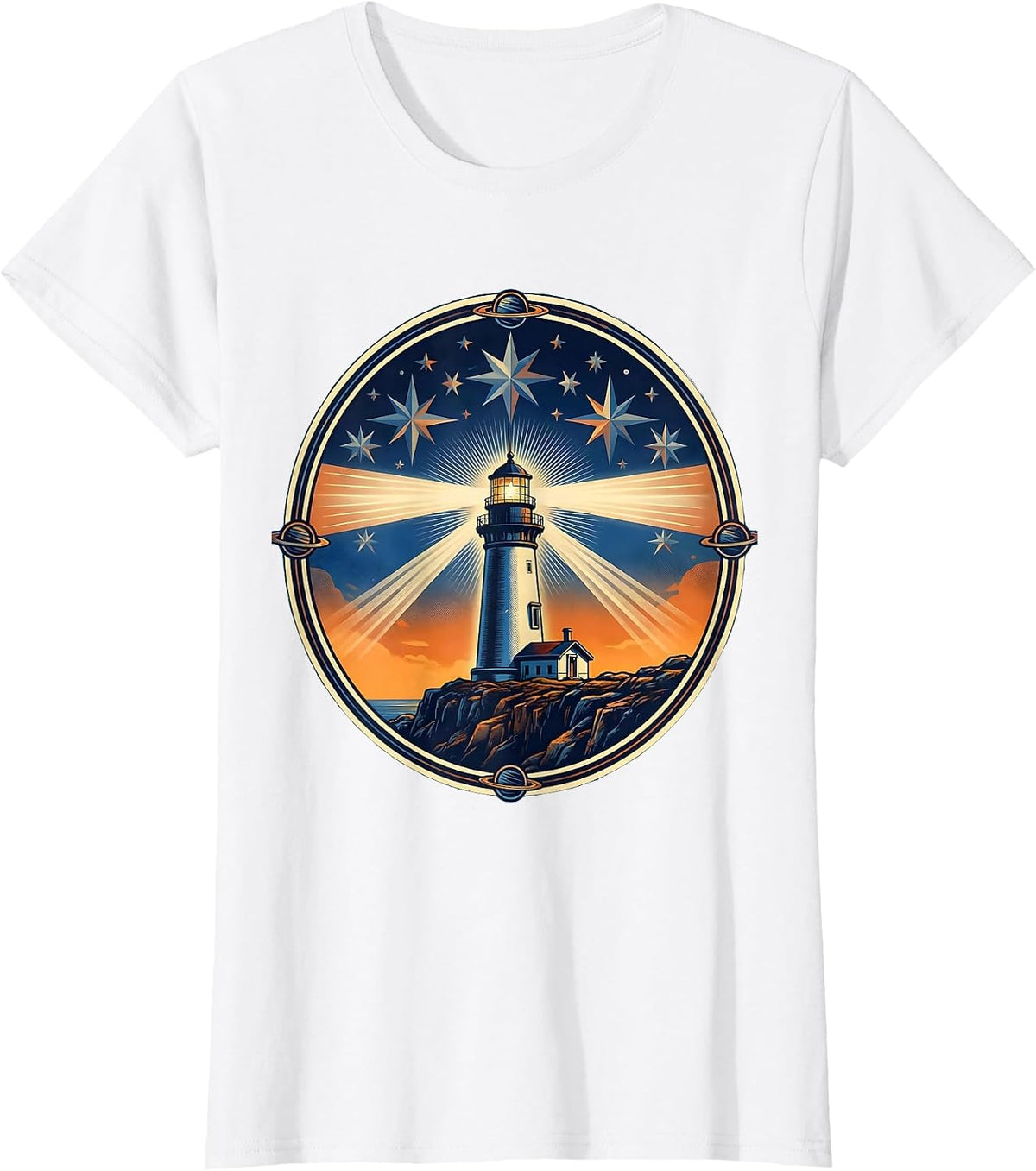 Women's Puerto Rico Lighthouse Starry Night Glowing Cliff T-Shirt - White