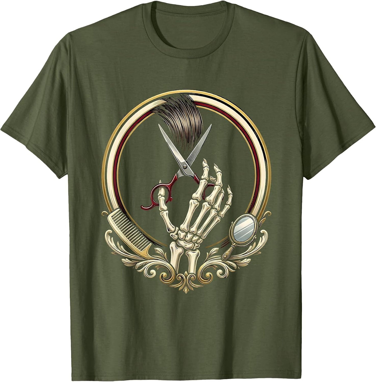 Men's Salon Skeleton Barber Emblem Halloween Hairstylist T-Shirt - Olive Green